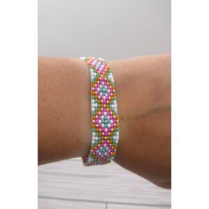 Loom Beaded Bracelet White, Teal, Orange, Pink & Silver